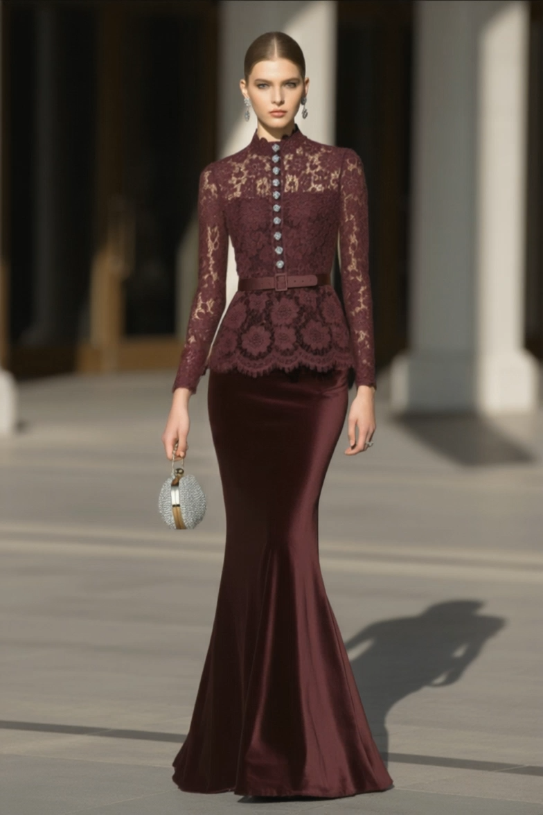 Evening Set Purple Lace Long Sleeve Top with Velvet Mermaid Maxi Skirt