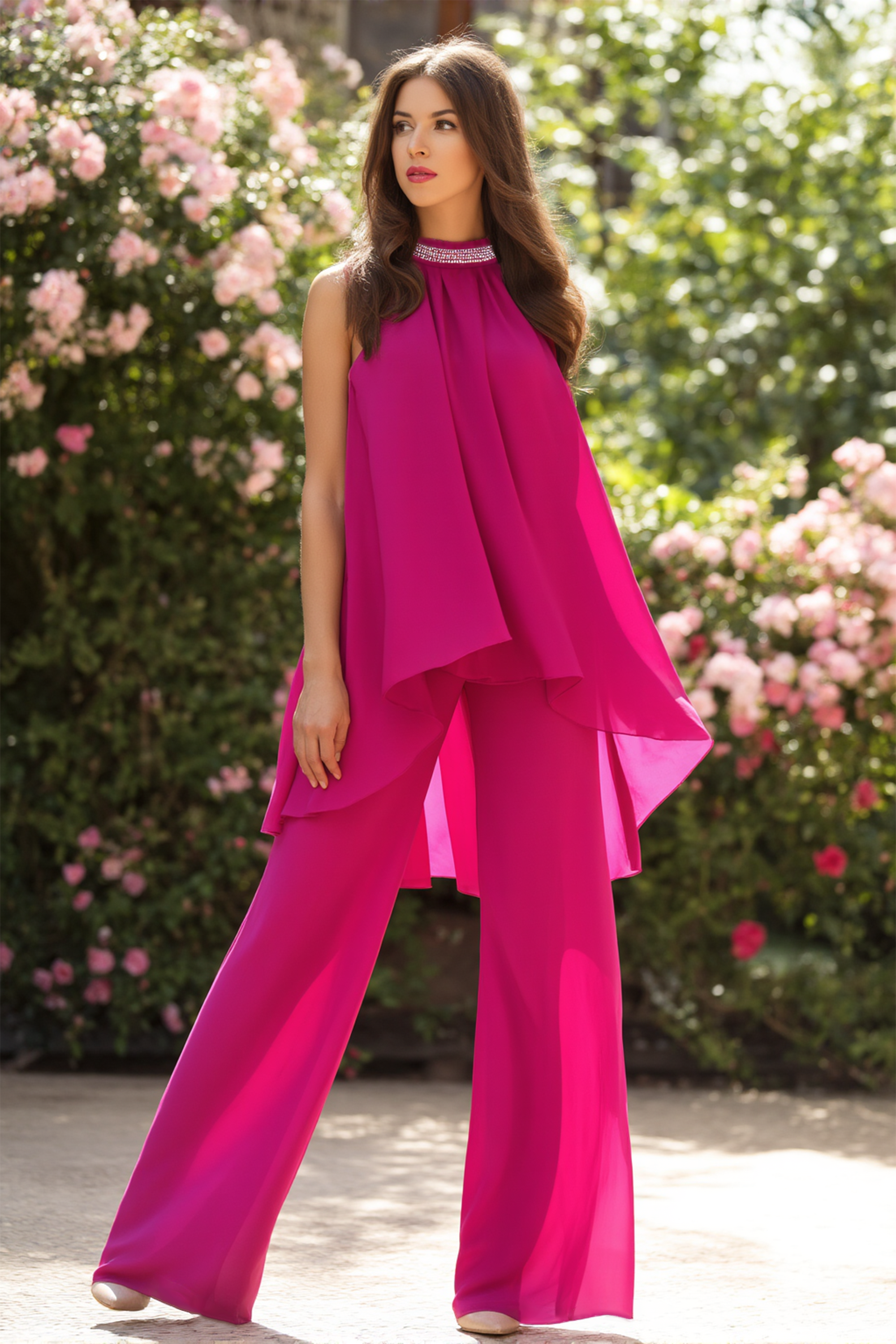 Casual Blouse Set Fuchsia Halter Neck Two-Piece Wide-Leg
