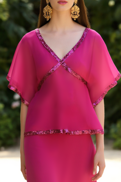 Casual Outfit Sets Fuchsia V Neck Sequin Skirt Set