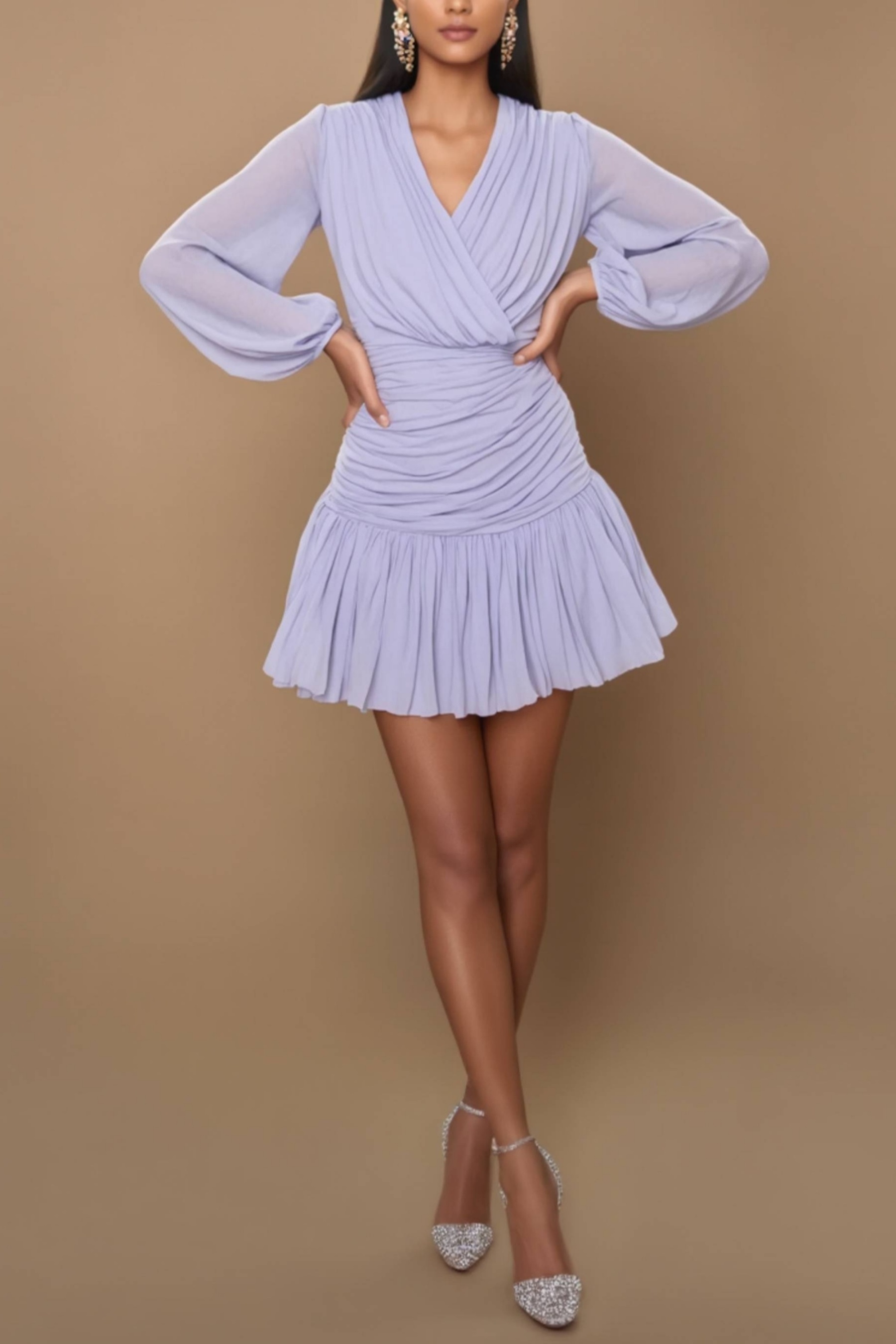 Homecoming​ Party Dress​​ Purple V Neck Ruffle Mini Dress