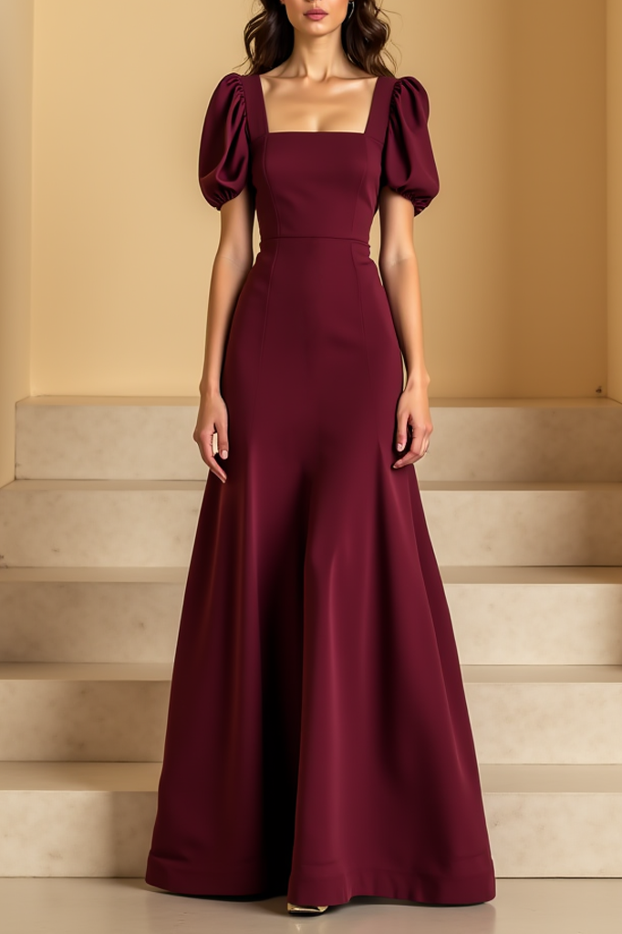 Evening Formal Dress Burgundy Square Neck Maxi Dress