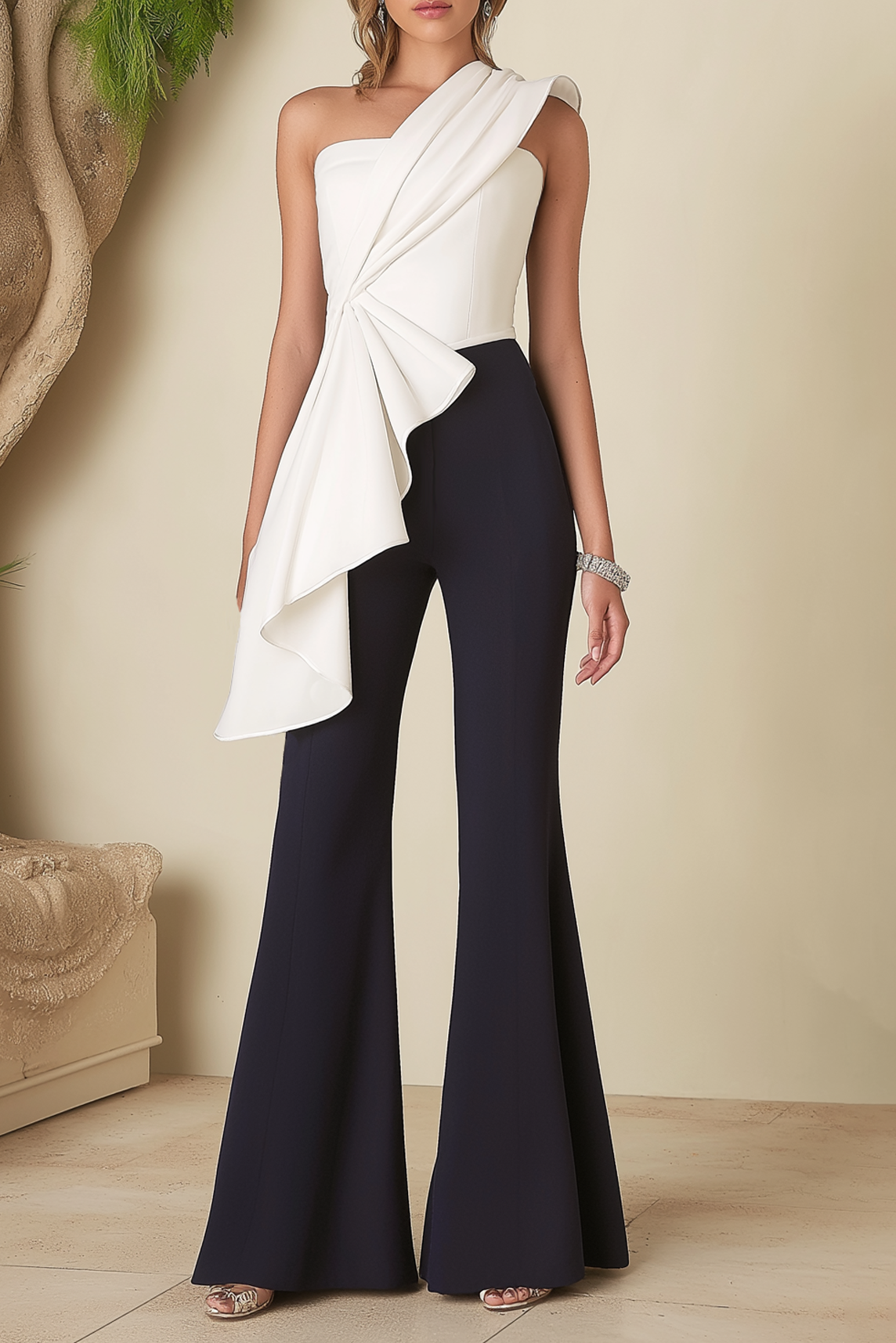 Party Jumpsuit Black White One Shoulder Colorblock Jumpsuit