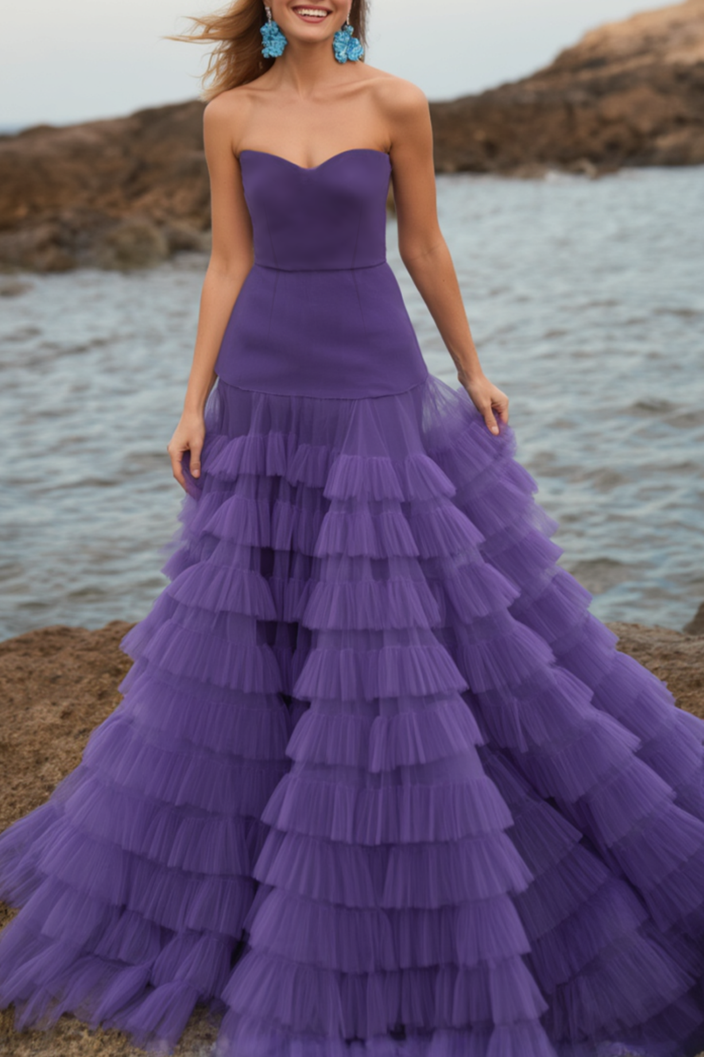 Evening​ ​Prom Dress​ Purple Strapless Layer Floor-Length Dress