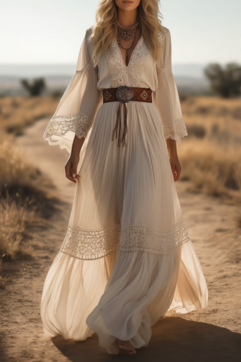 Boho Lace Swing Dress White V Neck Maxi Dress