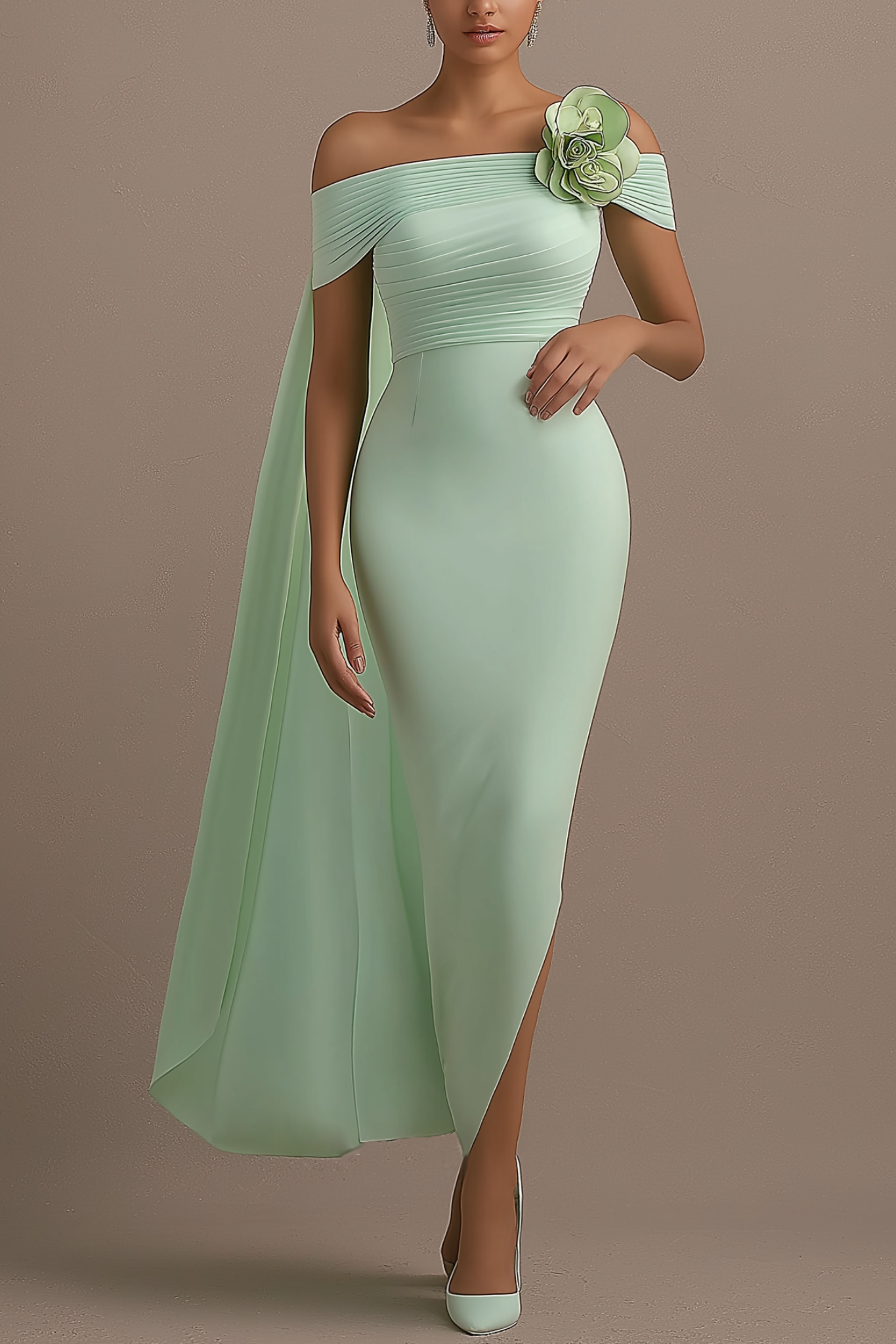 Party Satin Dress​​ Green Cape Off Shoulder Maxi Dress