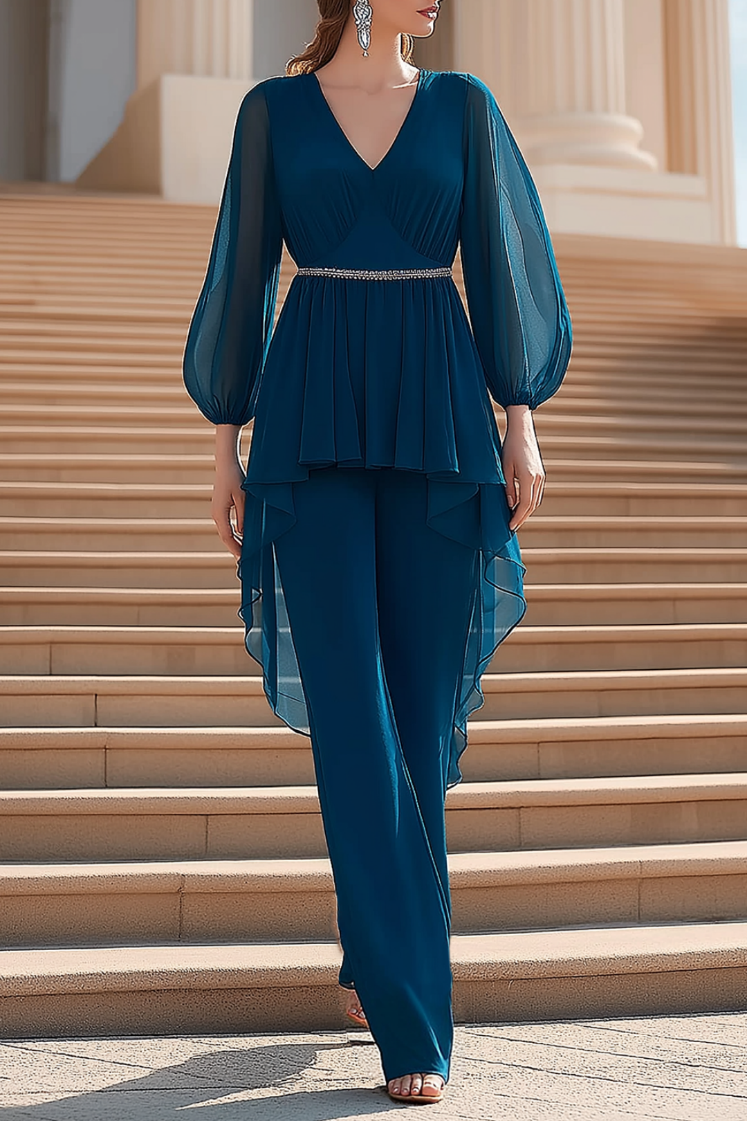 Work Pants Set Blue Long Sleeve Blouse Two-Piece