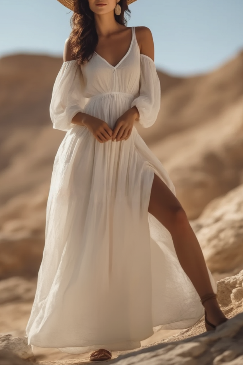 Bohemian Swing Dress White V Neck Slit Floor-Length Dress