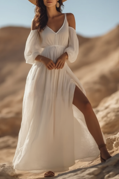 Bohemian Swing Dress White V Neck Slit Floor-Length Dress