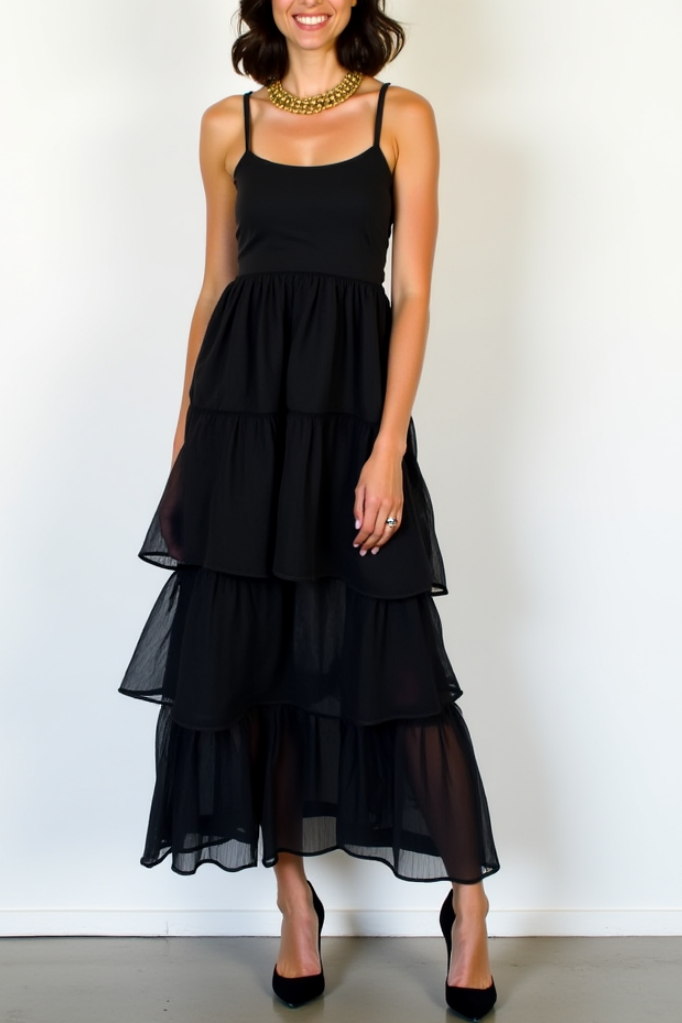 Cocktail​ Party ​Semi Formal Dress​ Black Layer Straps Maxi Dress