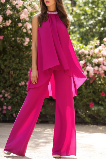Casual Blouse Set Fuchsia Halter Neck Two-Piece Wide-Leg