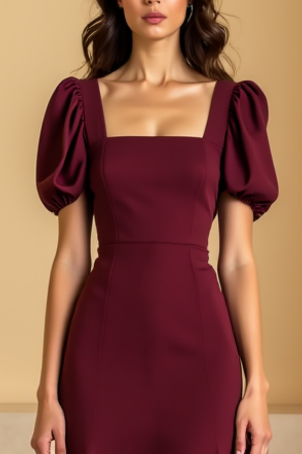 Evening Formal Dress Burgundy Square Neck Maxi Dress
