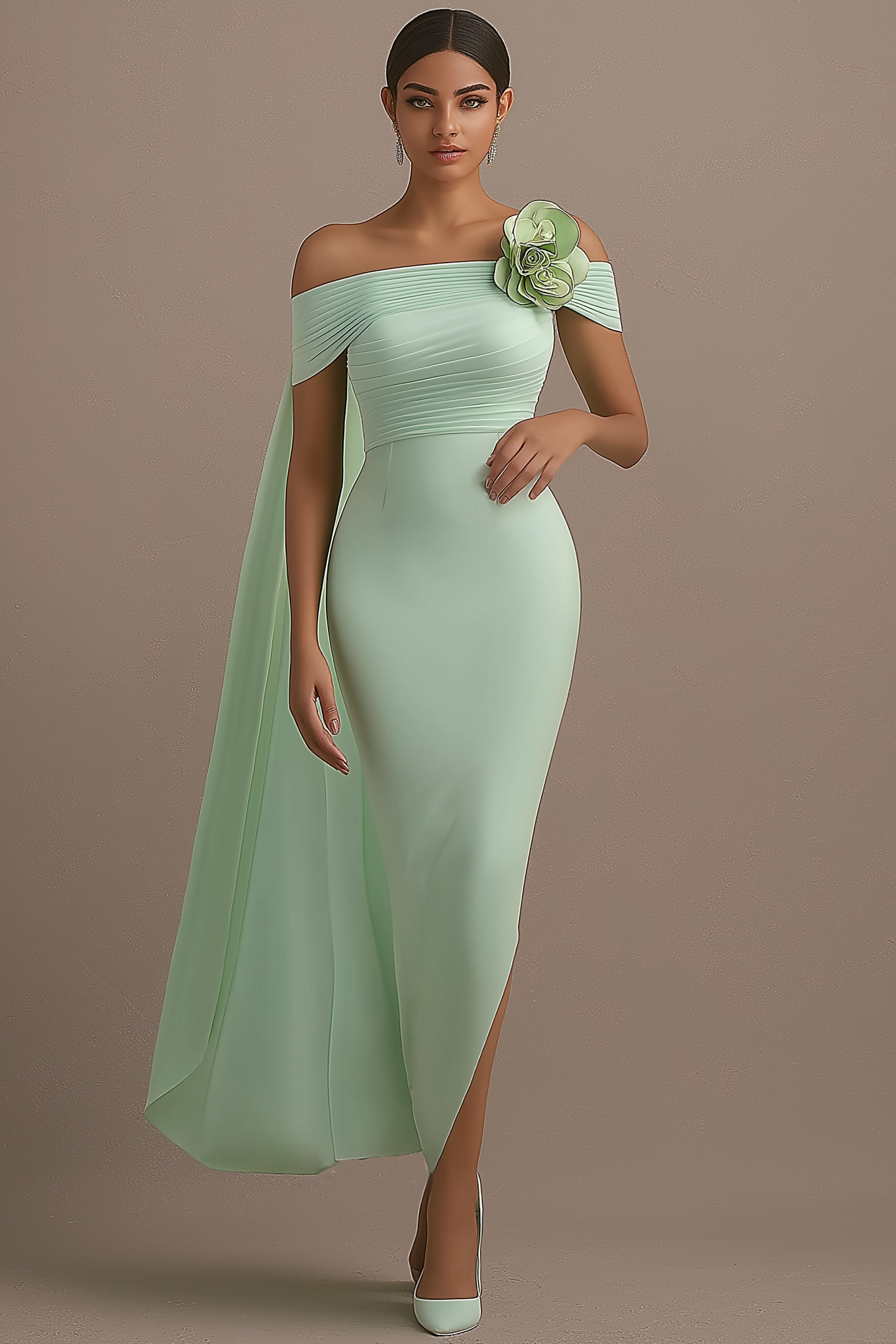 Party Satin Dress​​ Green Cape Off Shoulder Maxi Dress