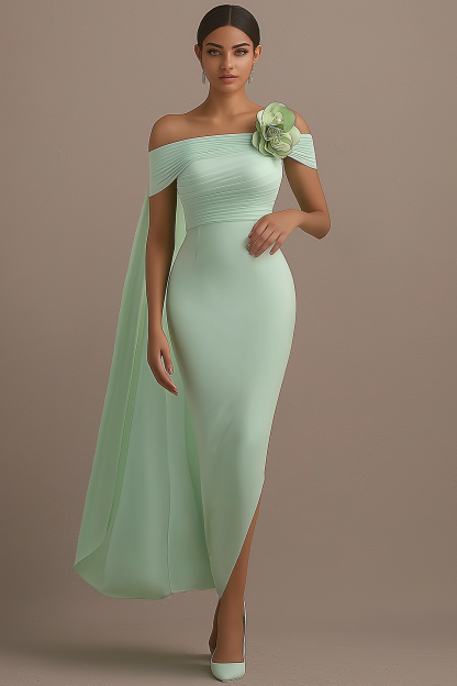 Party Satin Dress​​ Green Cape Off Shoulder Maxi Dress