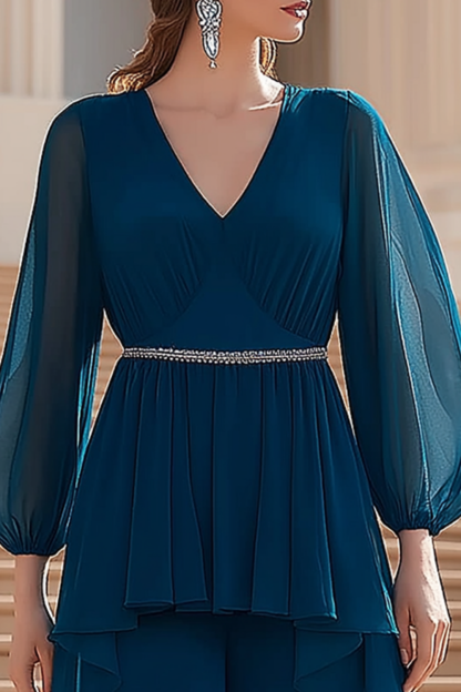 Work Pants Set Blue Long Sleeve Blouse Two-Piece