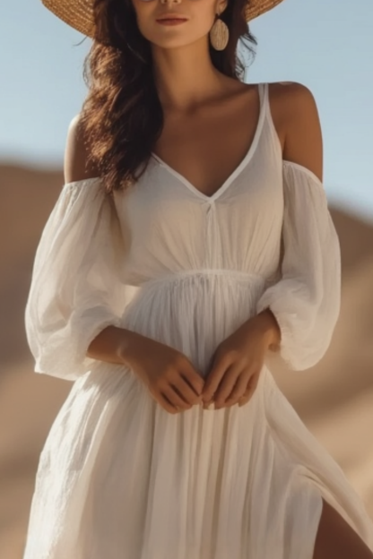 Bohemian Swing Dress White V Neck Slit Floor-Length Dress
