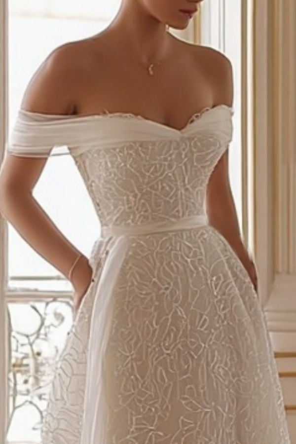 Formal ​Wedding Dress White Off Shoulder Maxi Lace Dress