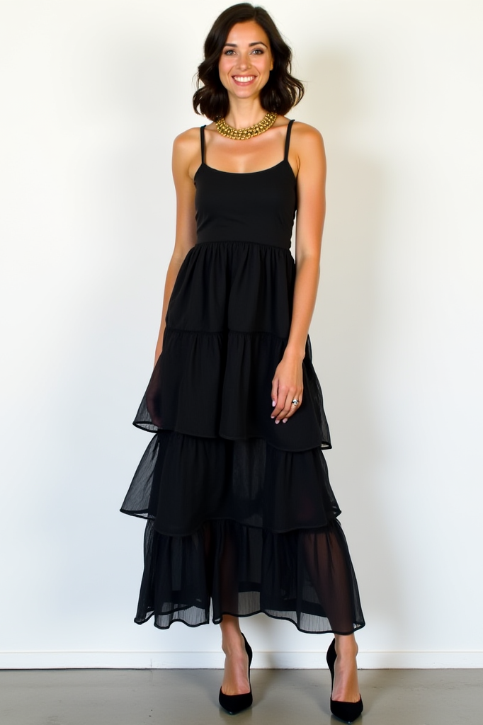 Cocktail​ Party ​Semi Formal Dress​ Black Layer Straps Maxi Dress