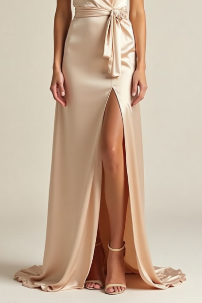 Formal​ ​Wedding Guest Satin Dress Champagne V Neck Split Maxi Dress