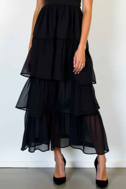 Cocktail​ Party ​Semi Formal Dress​ Black Layer Straps Maxi Dress