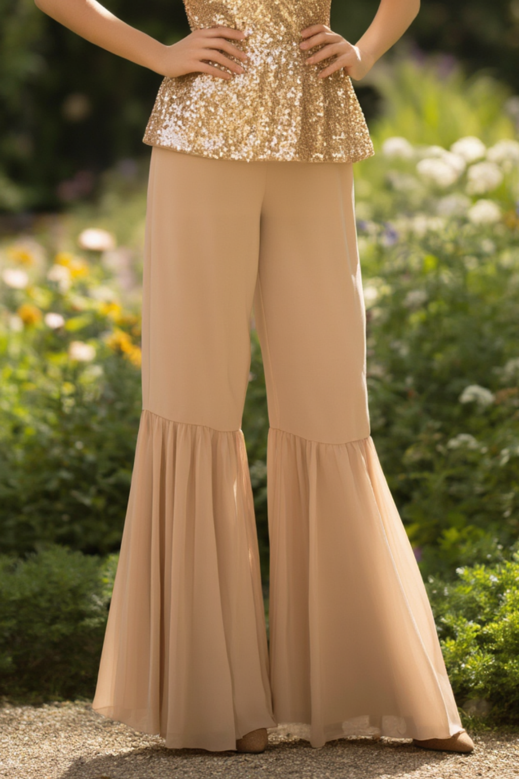 Party Outfit Sets Golden V Neck Sequin Bell Bottom Pants Set