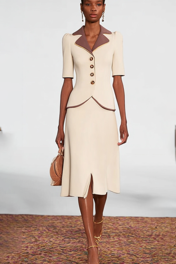 Work Outfit Sets Beige Lapel Midi Skirt Dress