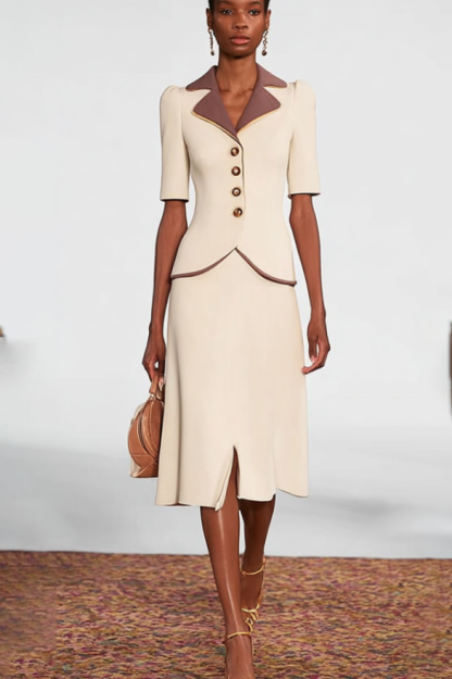 Work Outfit Sets Beige Lapel Midi Skirt Dress