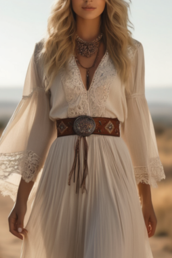 Boho Lace Swing Dress White V Neck Maxi Dress
