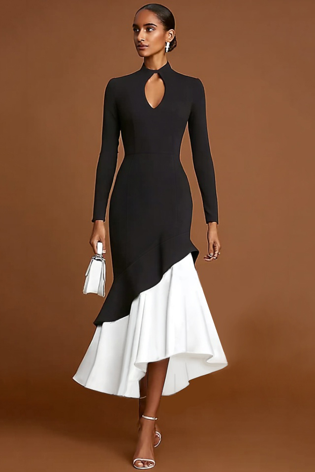 Formal Evening Dress Black White Stand Collar Ruffle Maxi Dress