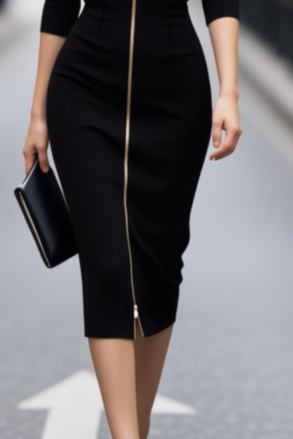 Work Dress Black Sweetheart Neck 3/4 Length Sleeve Midi Dress