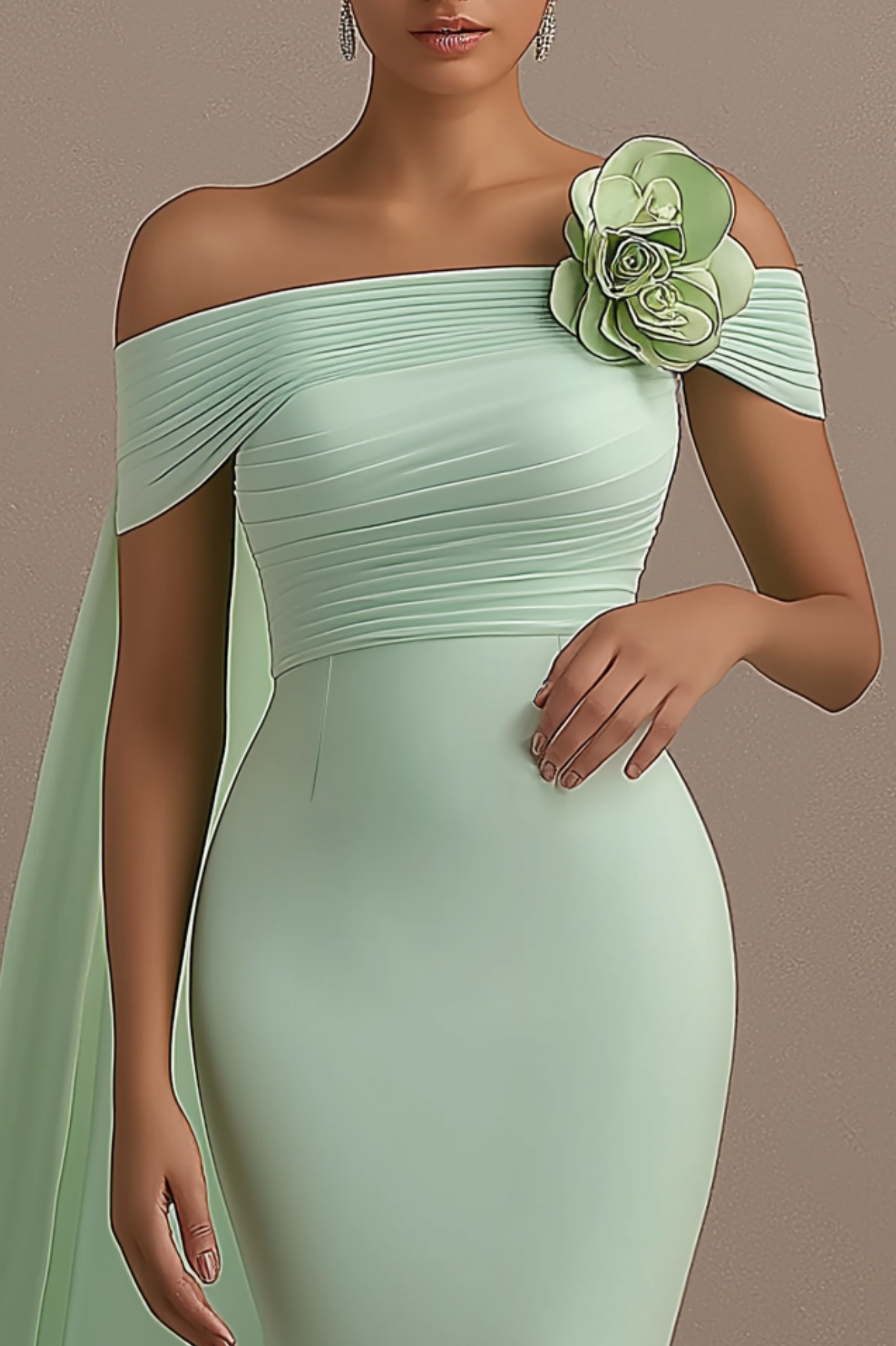 Party Satin Dress Green Cape Off Shoulder Maxi Dress
