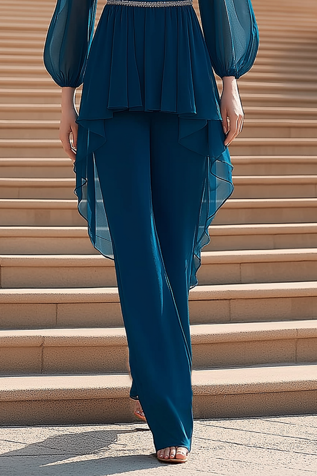 Work Pants Set Blue Long Sleeve Blouse Two-Piece