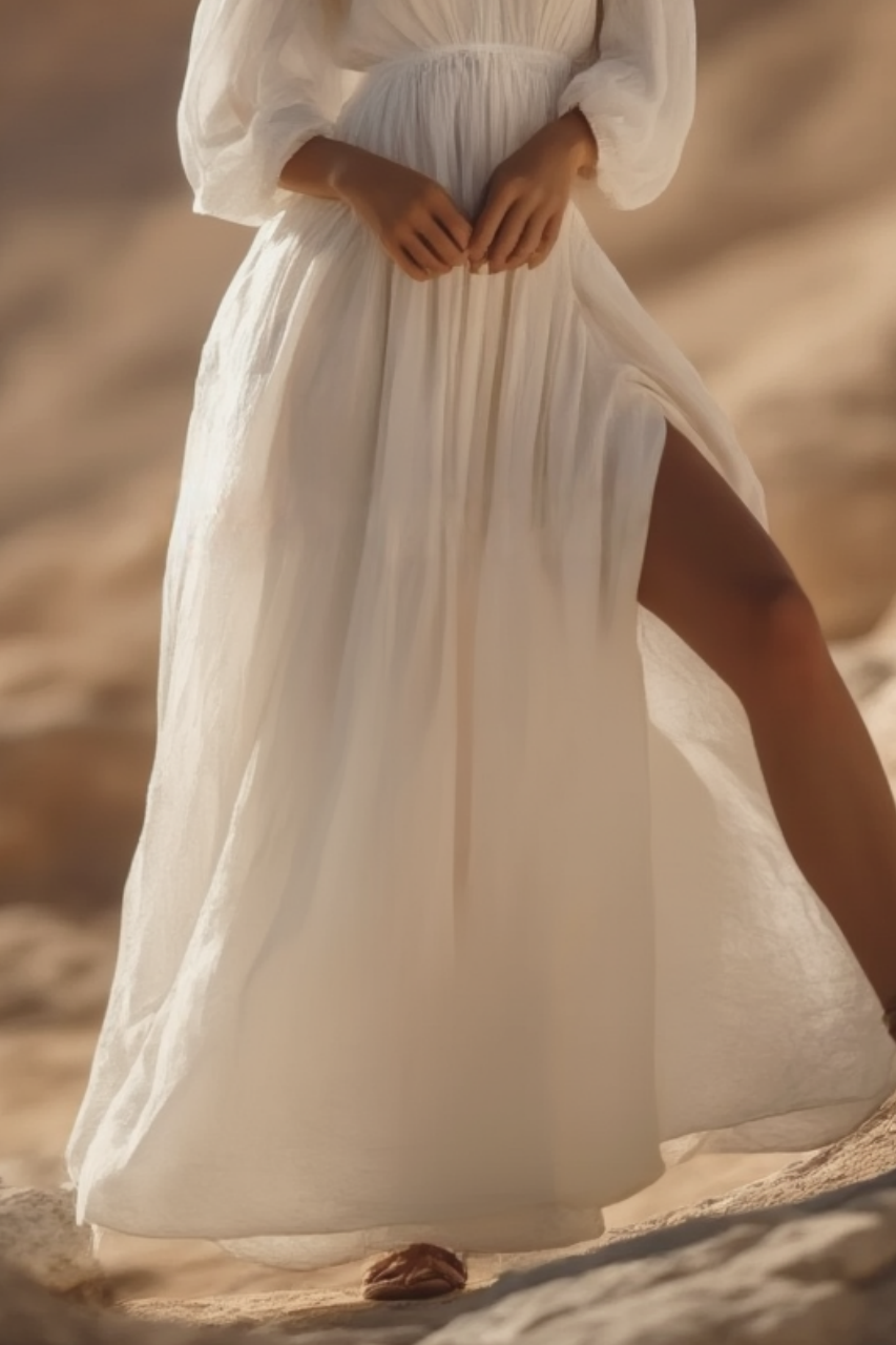 Bohemian Swing Dress White V Neck Slit Floor-Length Dress