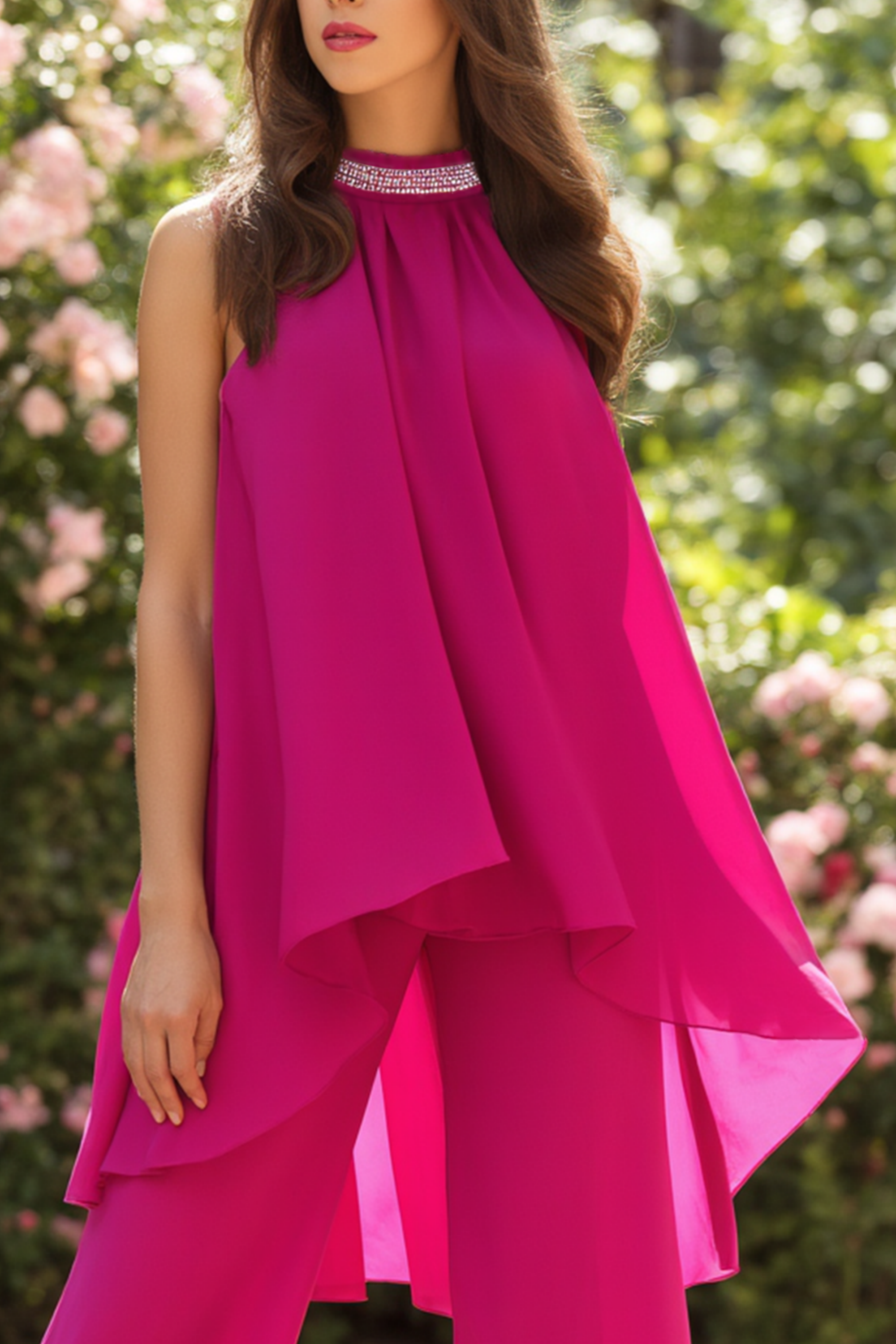 Casual Blouse Set Fuchsia Halter Neck Two-Piece Wide-Leg