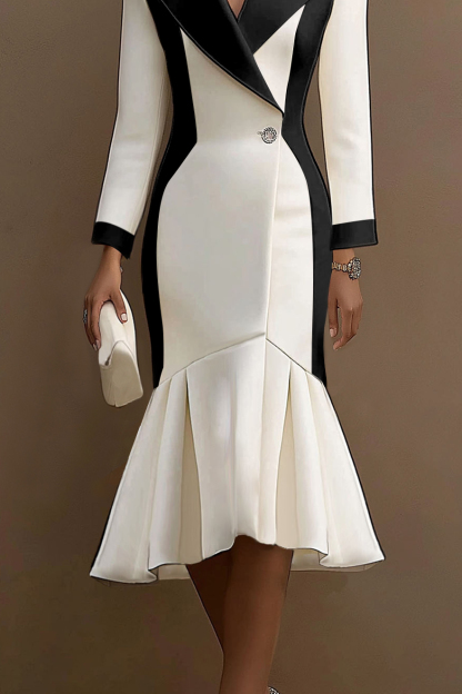 Business Work Suit Dress Black and White Color Block Long Sleeve Mermaid Collar Midi Dress