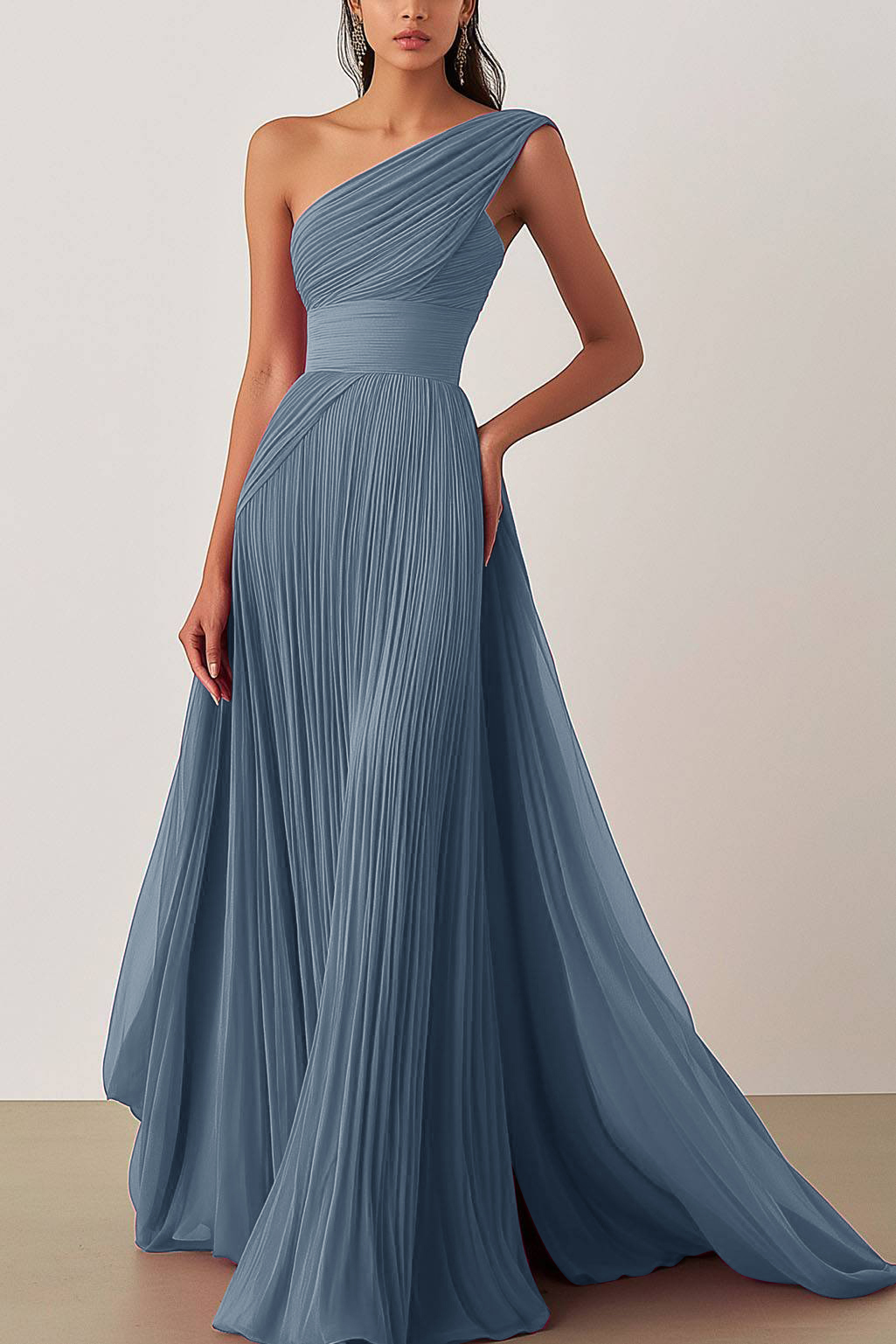 Prom Formal Pleated Dress Rose Color One-Shoulder Floor-Length Dress