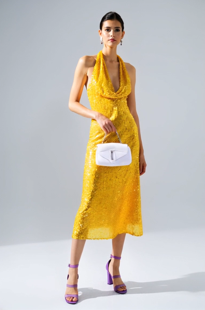 Cocktail Party Halter Dress Yellow Sequin Sleeveless Midi Dress