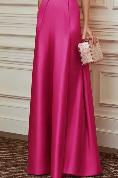 Formal Evening Dress Fuchsia Deep V Puff Sleeve Satin Floor Dress