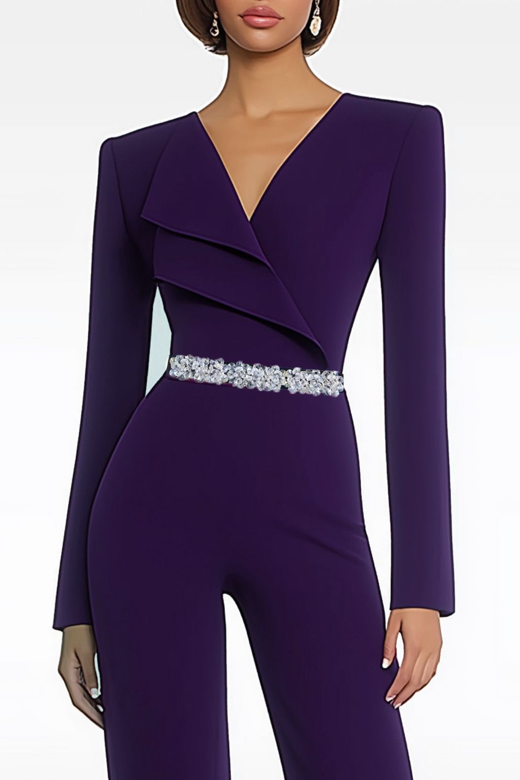 Semi-Formal Party Jumpsuit Purple Long Sleeve V-neck Bell Bottom Pants