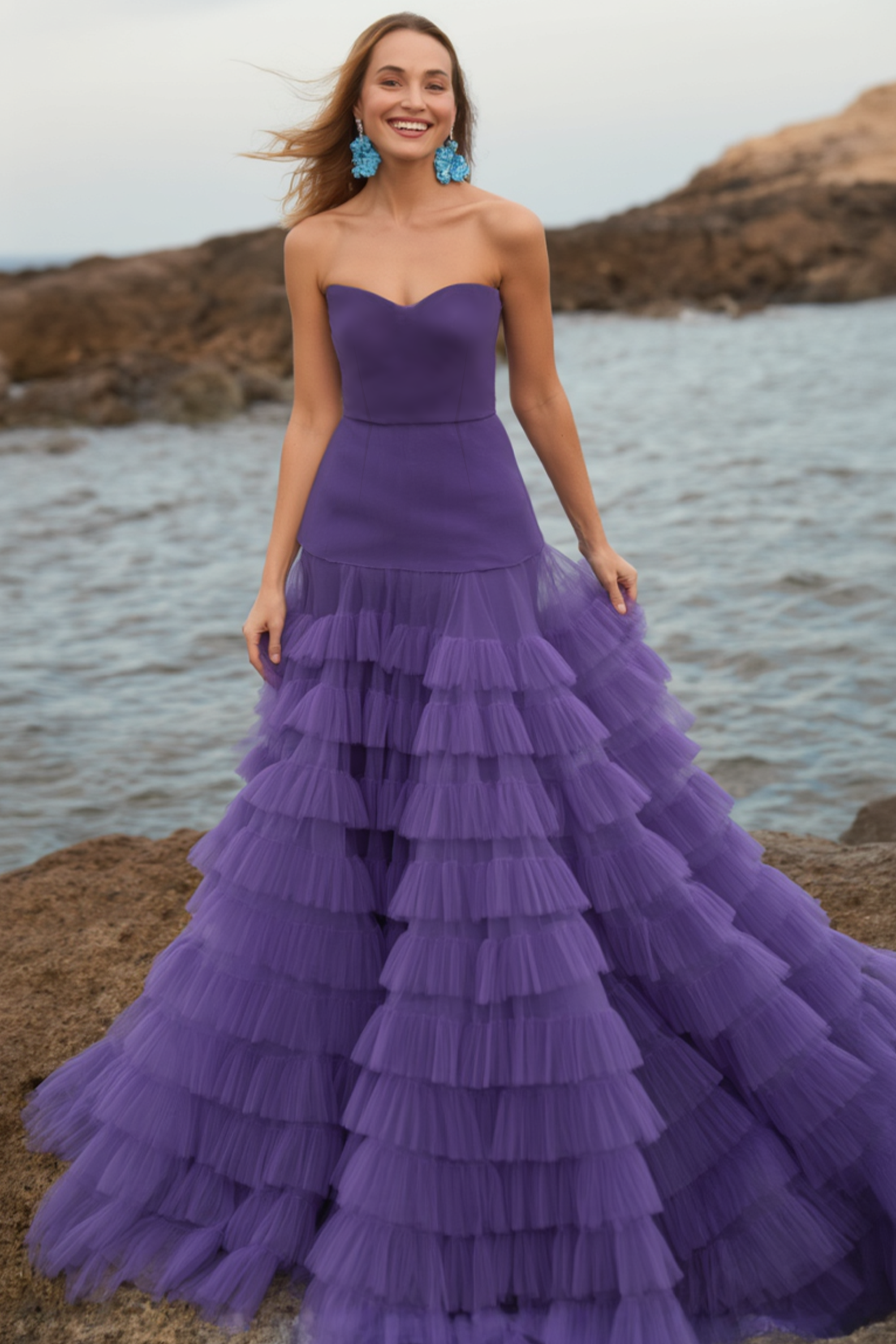 Evening​ ​Prom Dress​ Purple Strapless Layer Floor-Length Dress