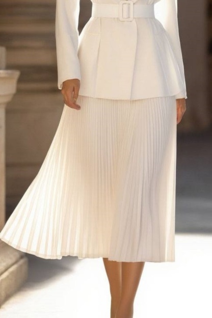 Work Blazer Suit White Lapel Pleated Midi Skirt Set​​ 