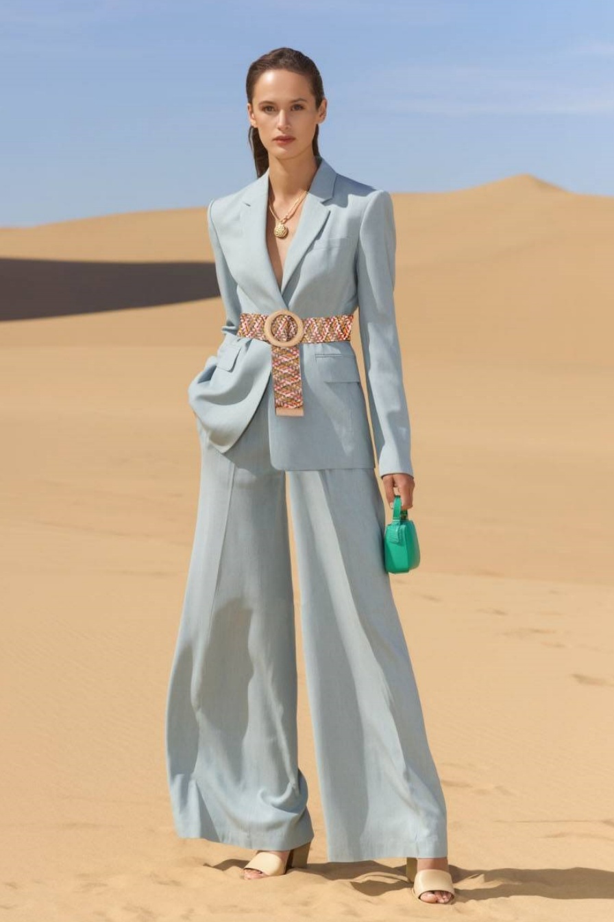 Business Blazer Pant Suit White Lapel Long Sleeve Wide-Leg Pants Set