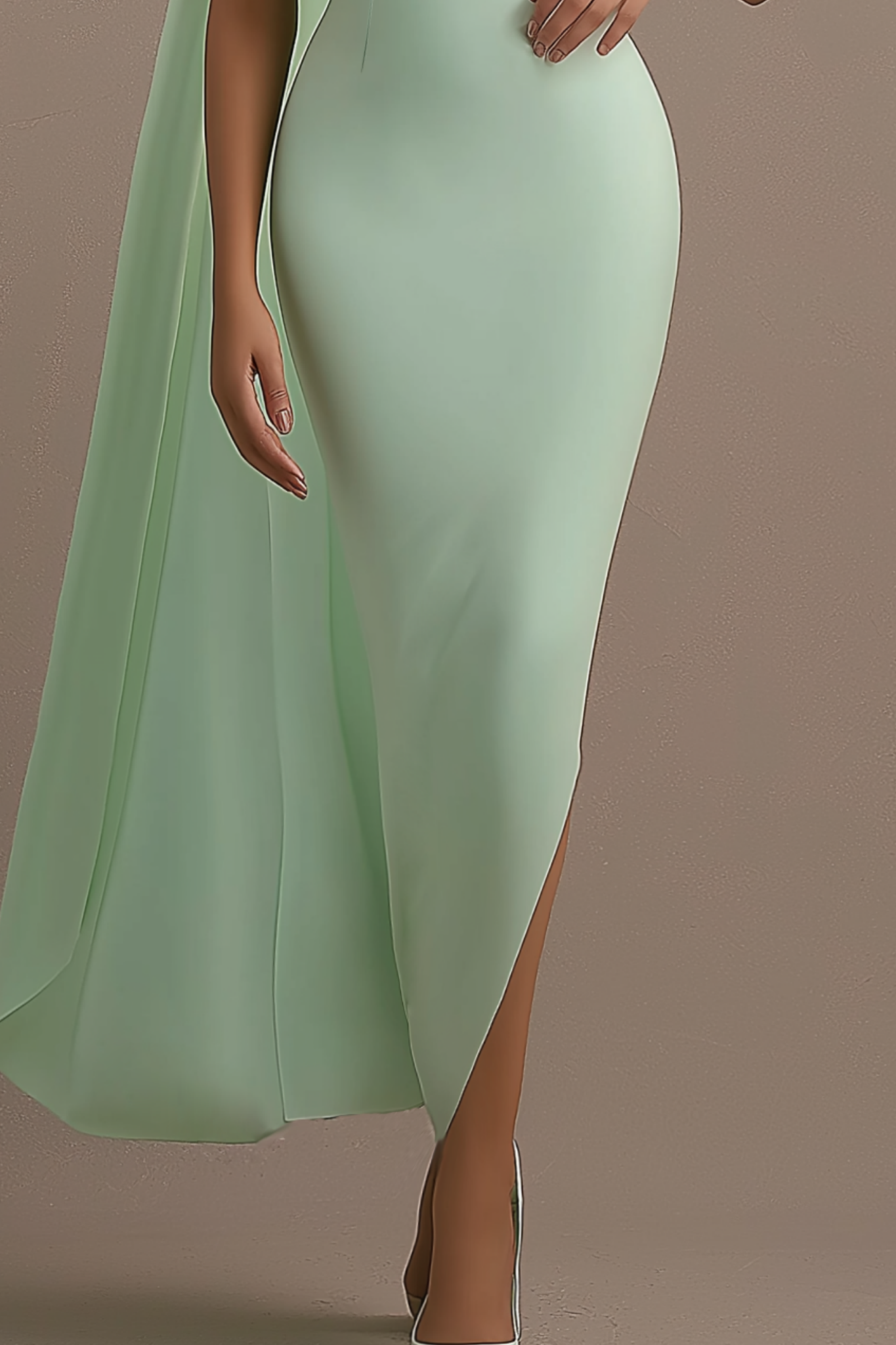 Party Satin Dress Green Cape Off Shoulder Maxi Dress