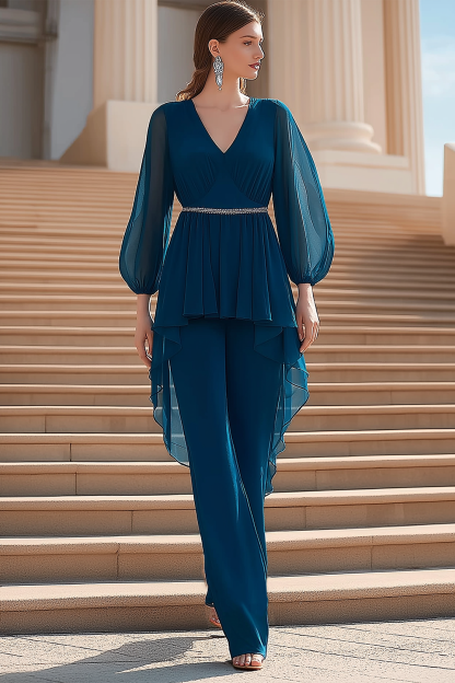 Work Pants Set Blue Long Sleeve Blouse Two-Piece