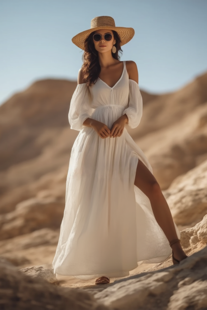 Bohemian Swing Dress White V Neck Slit Floor-Length Dress