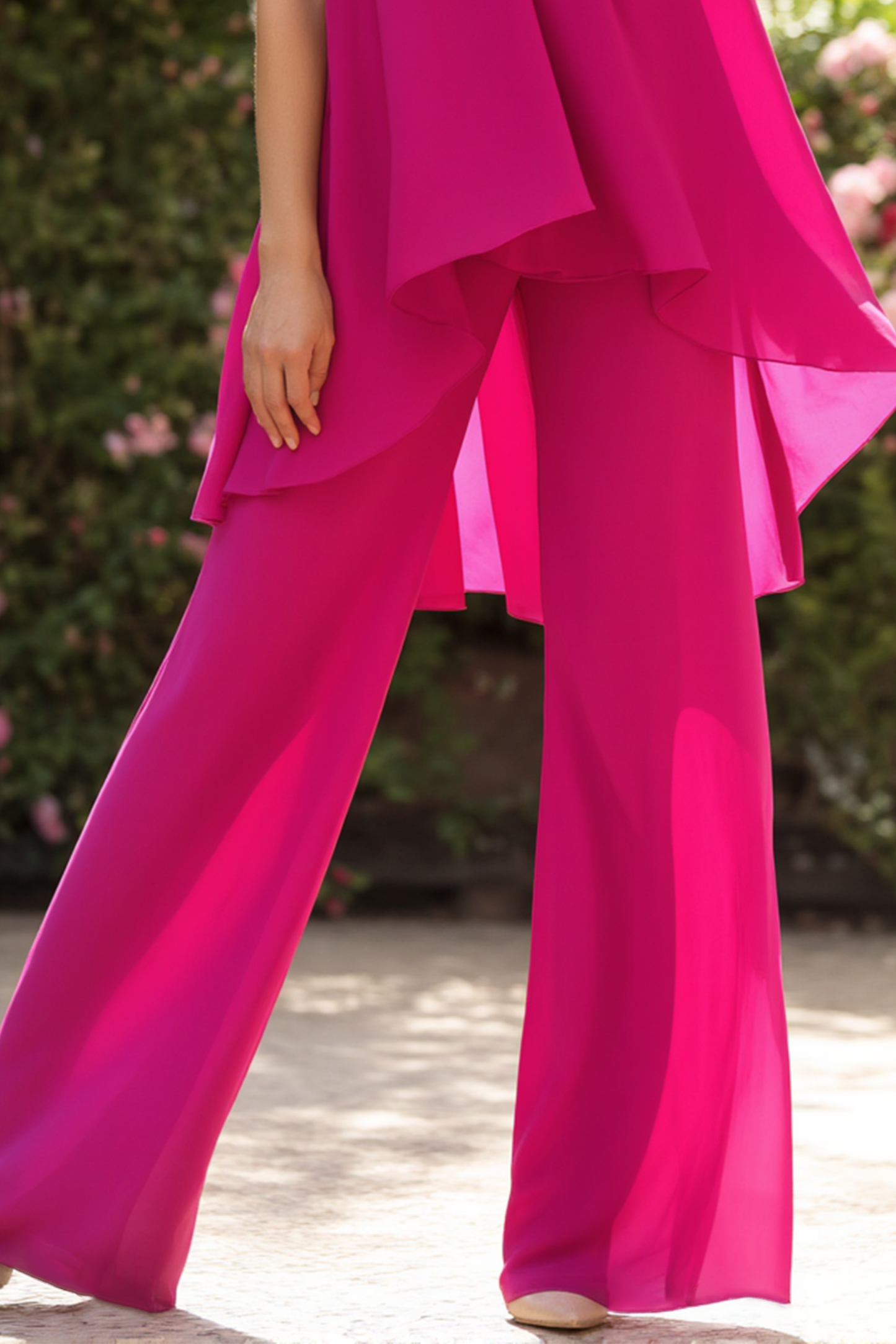 Casual Blouse Set Fuchsia Halter Neck Two-Piece Wide-Leg