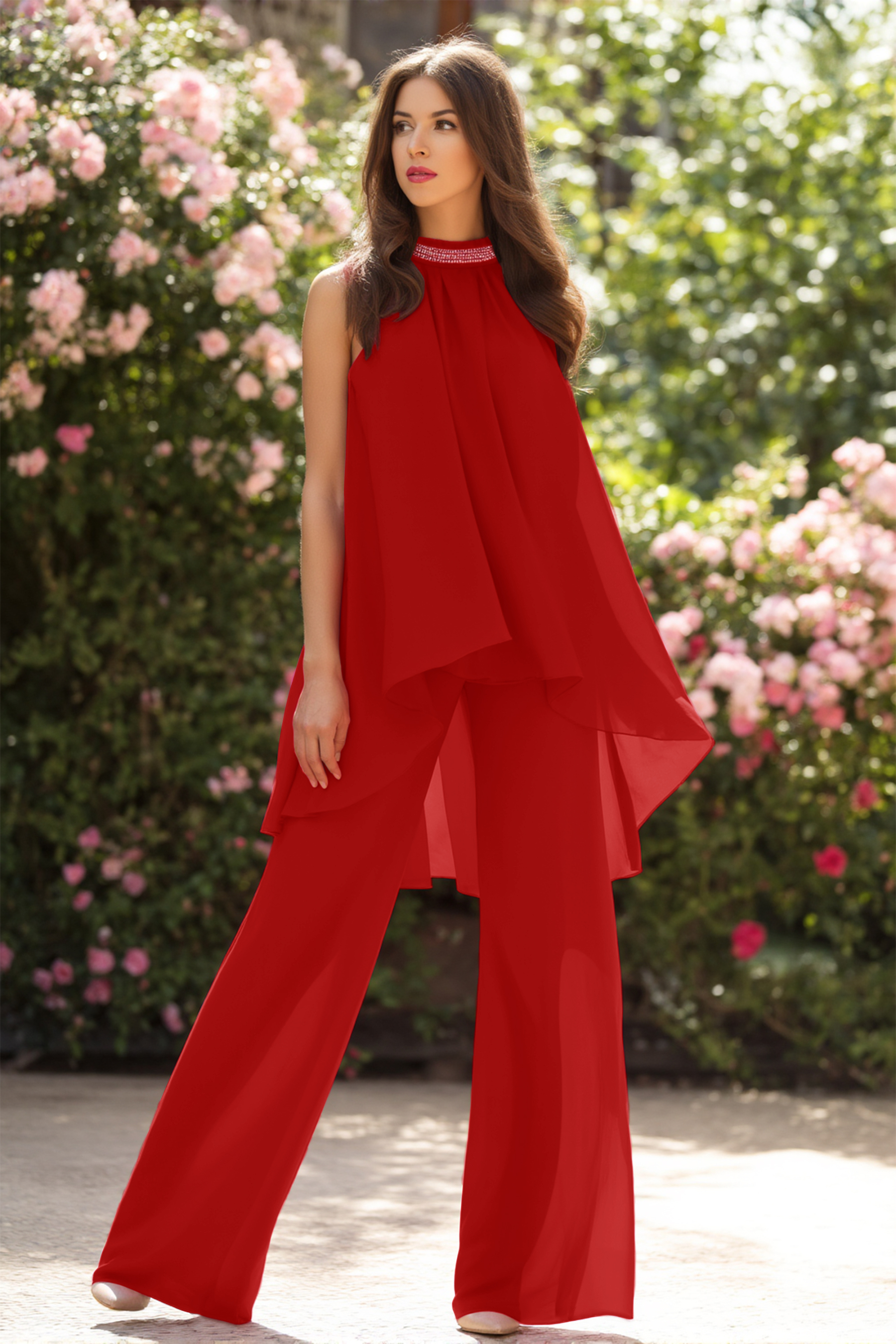 Casual Blouse Set Fuchsia Halter Neck Two-Piece Wide-Leg