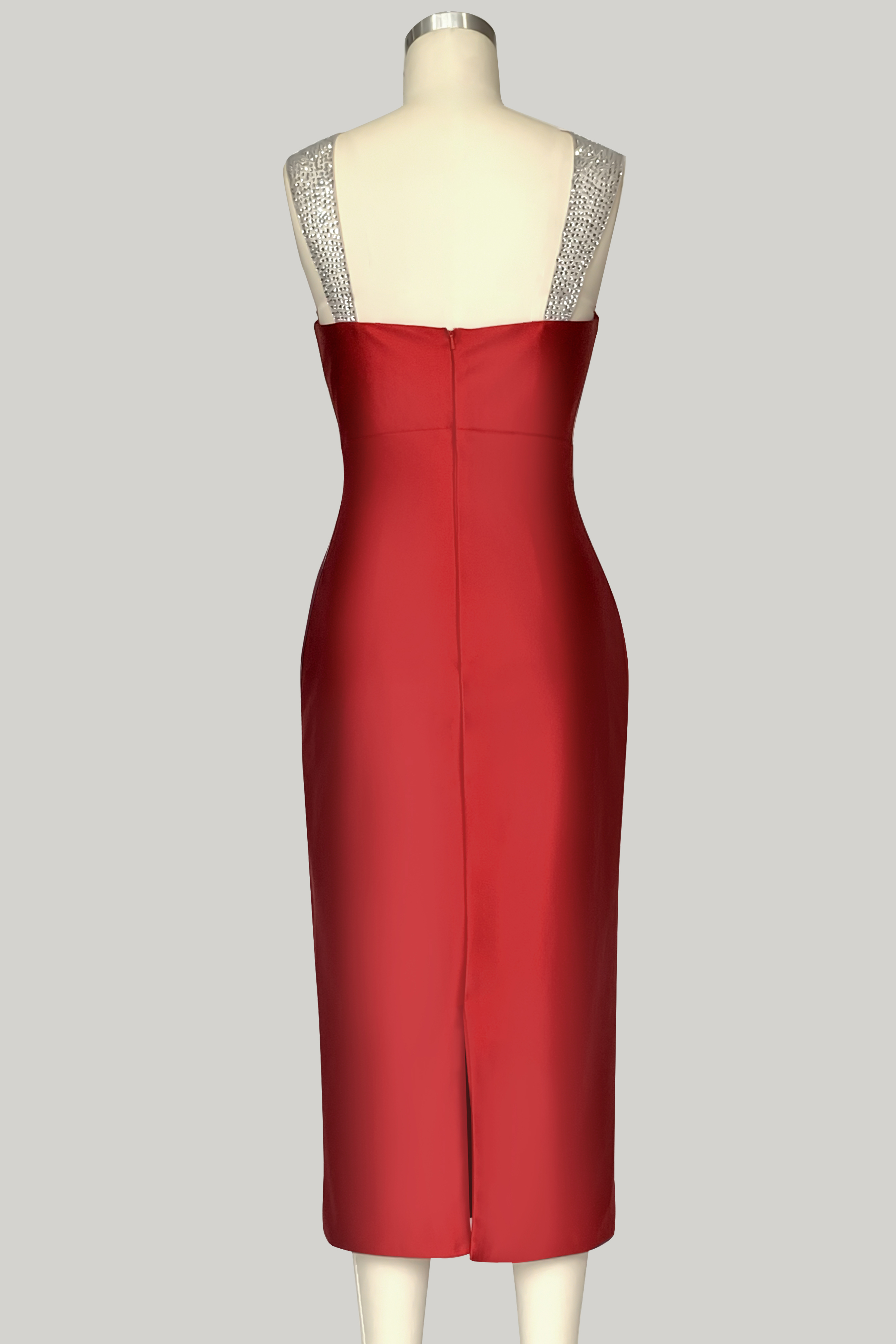 Cocktail ​Party Satin ​​Dress​ Red V-Neck Wide Strap Rhinestones Midi Dress