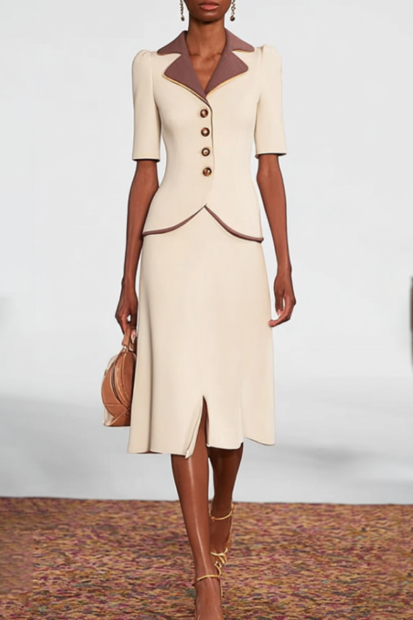 Beige Skirt Suit Purple Lapel Midi Set for Work

