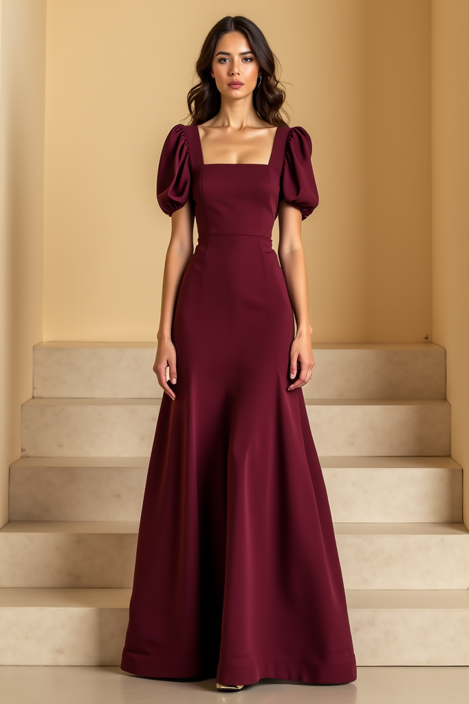 Evening Formal Dress Burgundy Square Neck Maxi Dress