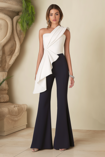 Party Jumpsuit Black White One Shoulder Colorblock Jumpsuit